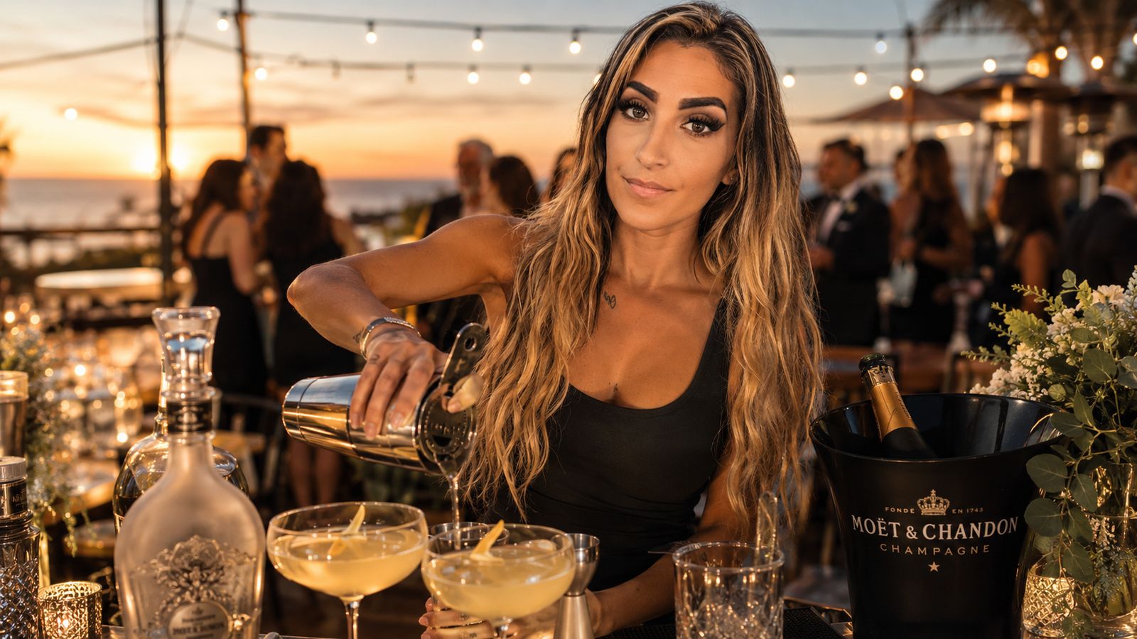 Stephanie pouring cocktails at sunset